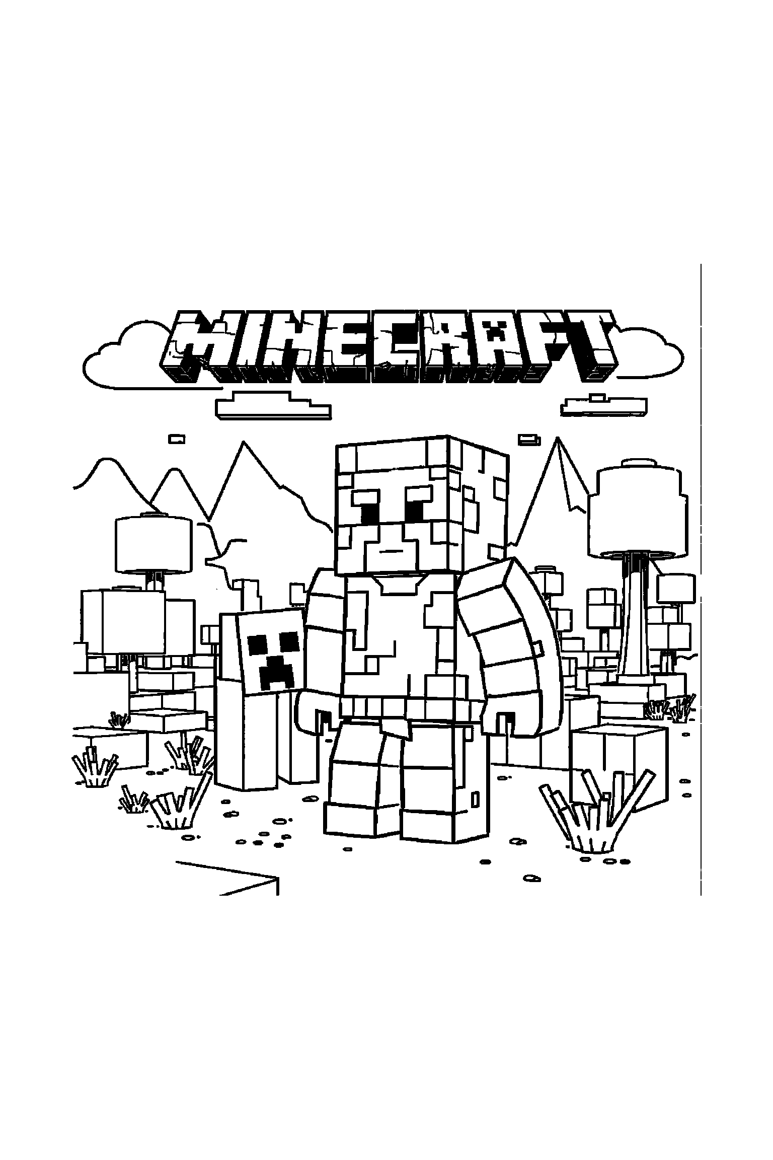 Coloriage Minecraft gratuit à imprimer - un Creeper souriant devant un grand motif blocs Coloriage Minecraft gratuit à imprimer : un Creeper souriant devant un grand motif blocs