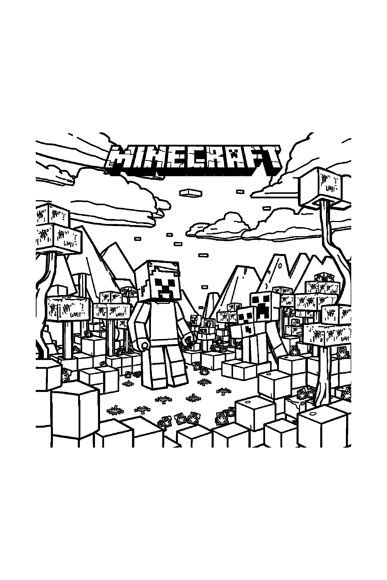 Coloriage Minecraft gratuit à imprimer - un cochon cubique qui regarde un coffre Coloriage Minecraft gratuit à imprimer : un cochon cubique qui regarde un coffre