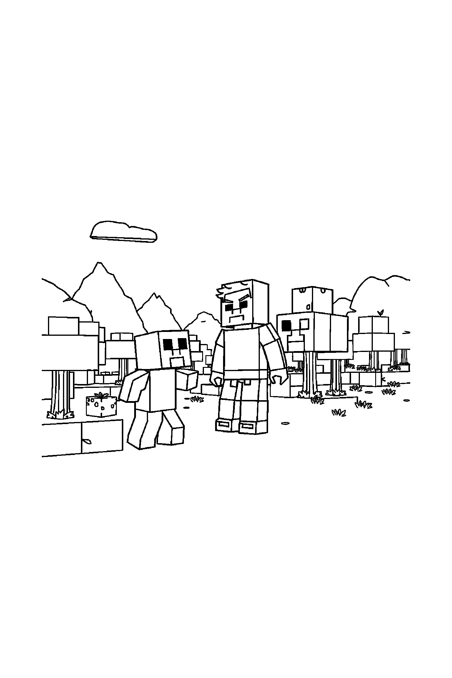 Coloriage Minecraft gratuit à imprimer - un cochon cubique avec un décor d'arrière-plan Coloriage Minecraft gratuit à imprimer : un cochon cubique avec un décor d'arrière-plan