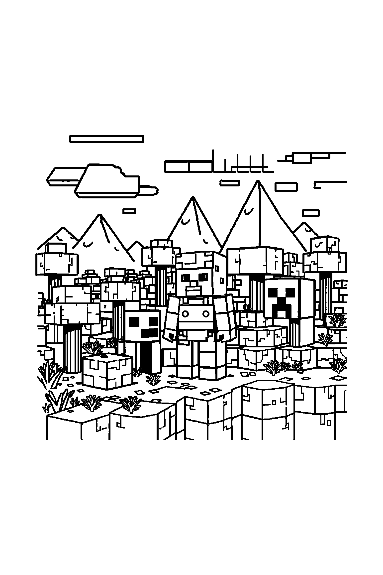 Coloriage Minecraft gratuit à imprimer - un Creeper entouré par des motifs blocs Coloriage Minecraft gratuit à imprimer : un Creeper entouré par des motifs blocs
