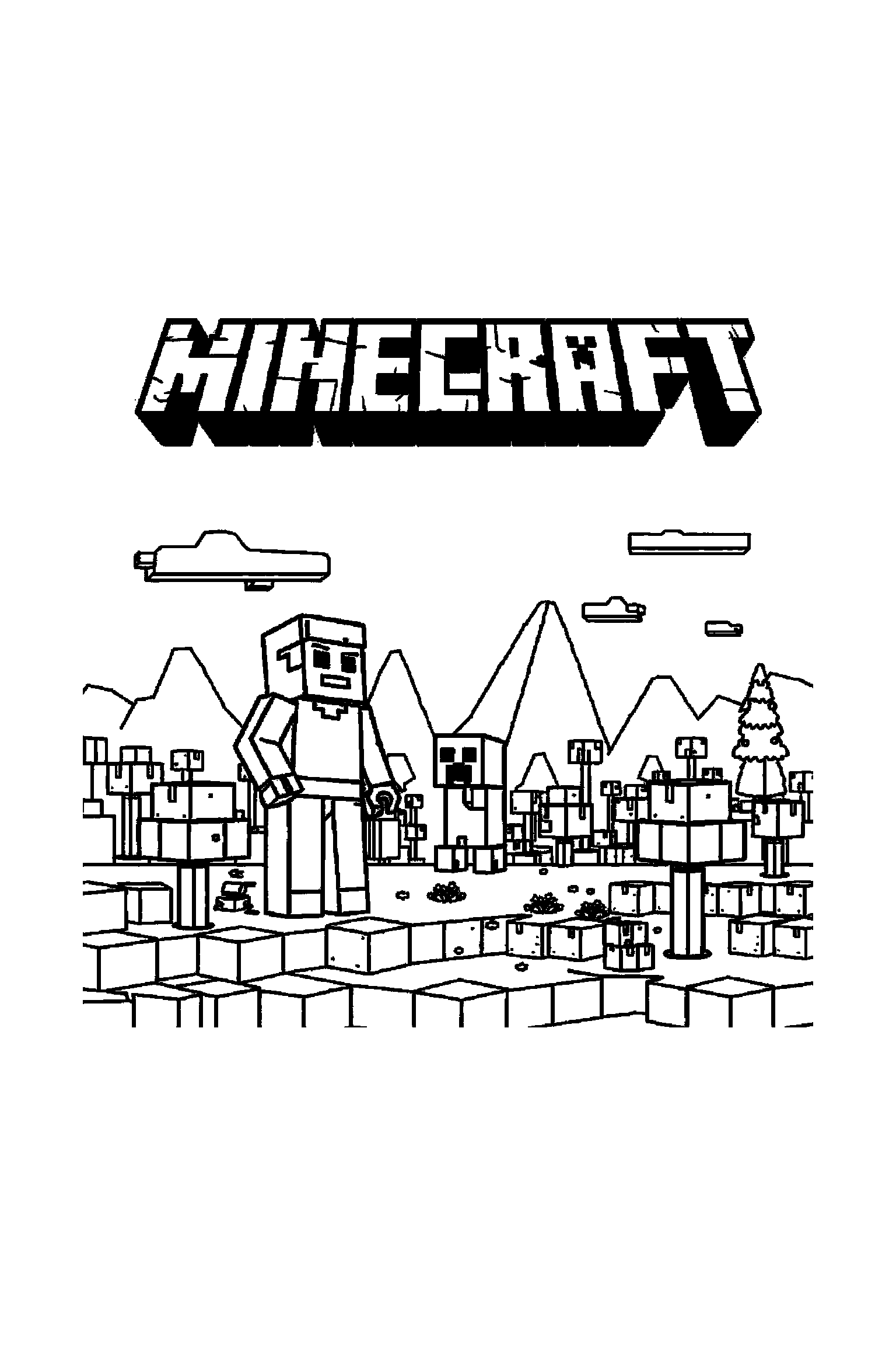 Coloriage Minecraft gratuit à imprimer - un cochon cubique avec un autre personnage de son univers Coloriage Minecraft gratuit à imprimer : un cochon cubique avec un autre personnage de son univers