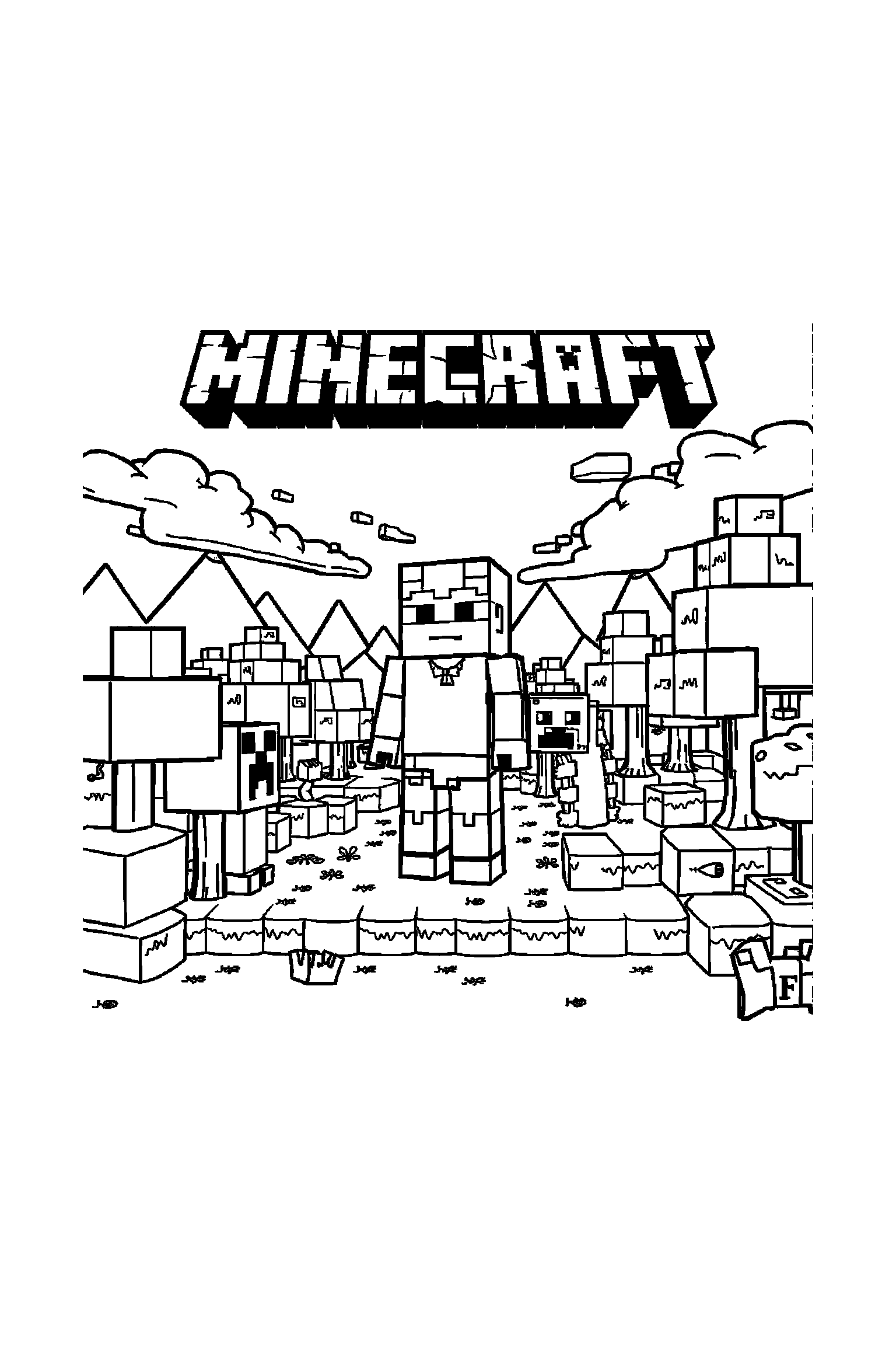 Coloriage Minecraft gratuit à imprimer - un aventurier en blocs dans une scène joyeuse Coloriage Minecraft gratuit à imprimer : un aventurier en blocs dans une scène joyeuse