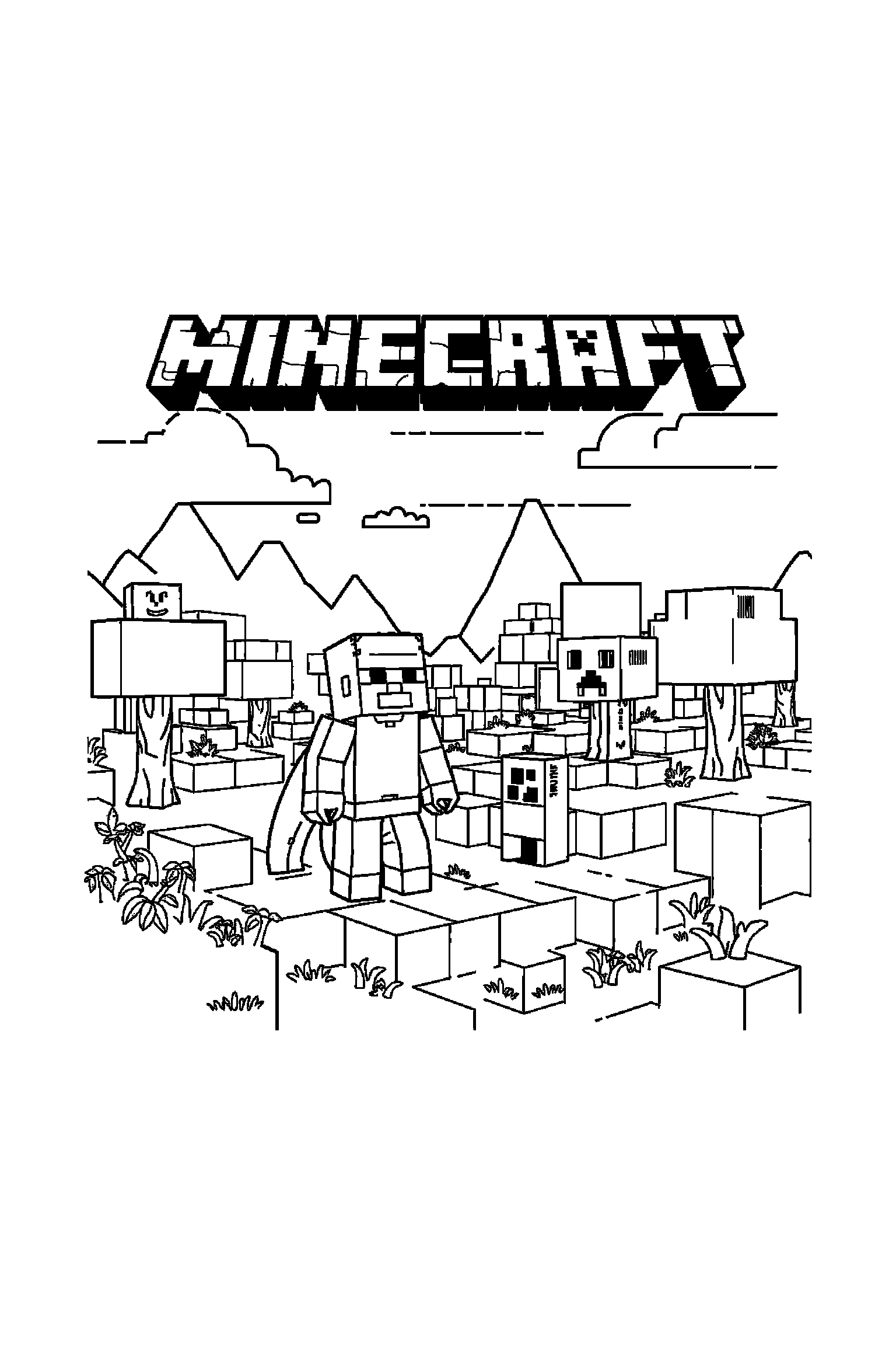 Coloriage Minecraft gratuit à imprimer - Steve au milieu de grands éléments faciles Coloriage Minecraft gratuit à imprimer : Steve au milieu de grands éléments faciles