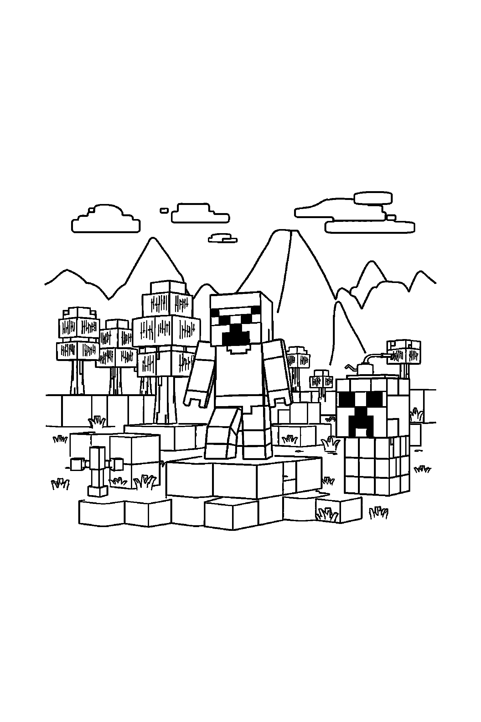 Coloriage Minecraft gratuit à imprimer - Alex avec un bloc sur un fond clair Coloriage Minecraft gratuit à imprimer : Alex avec un bloc sur un fond clair