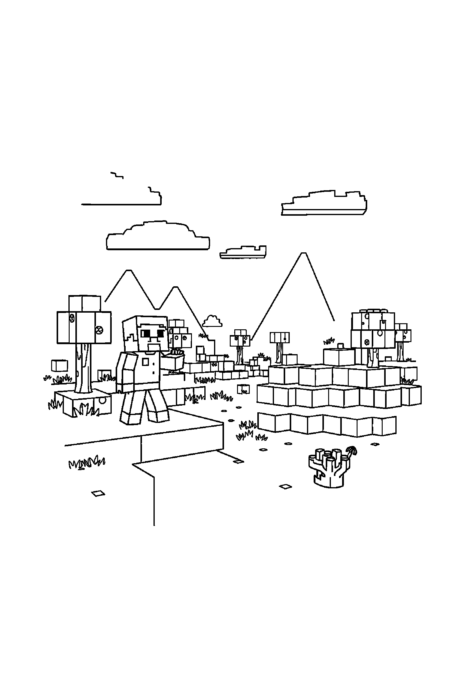 Coloriage Minecraft gratuit à imprimer - Alex entouré par des motifs pixels et de petits objets Coloriage Minecraft gratuit à imprimer : Alex entouré par des motifs pixels et de petits objets