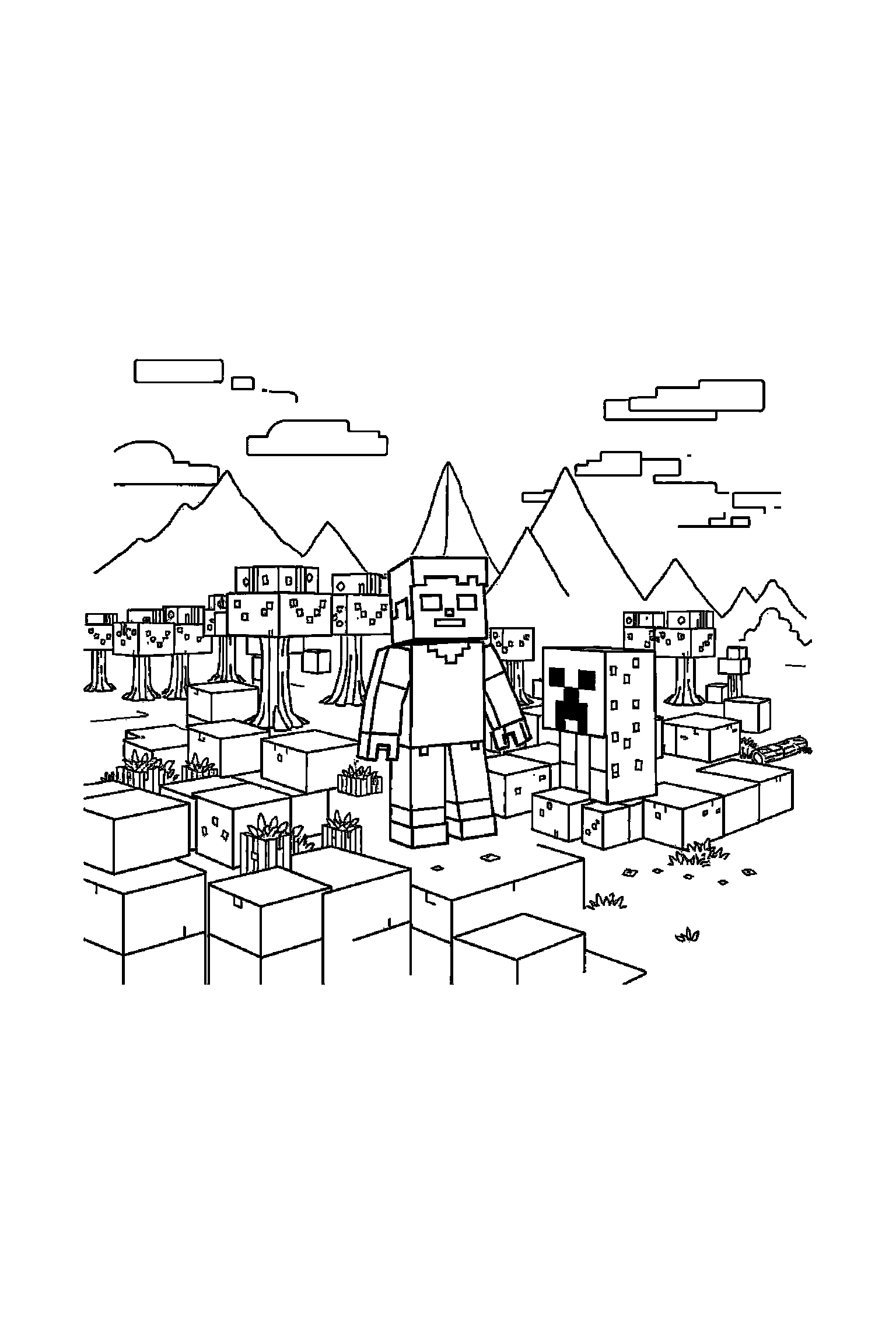 Coloriage Minecraft gratuit à imprimer - scène verticale avec un Creeper et les aventuriers Minecraft Coloriage Minecraft gratuit à imprimer : scène verticale avec un Creeper et les aventuriers Minecraft