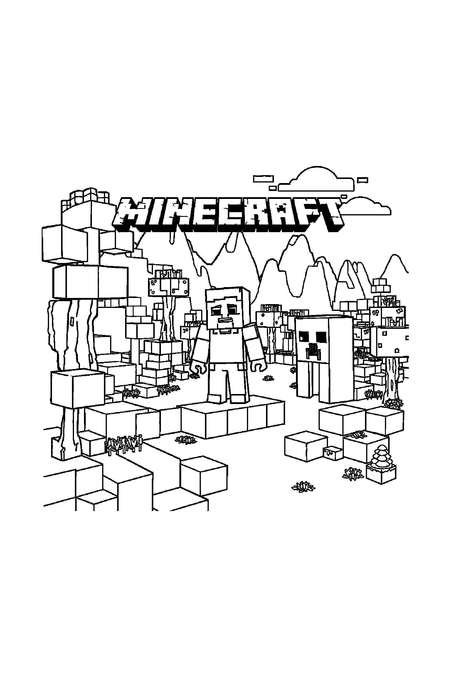 Coloriage Minecraft gratuit à imprimer - un cochon cubique au centre d'un décor riche mais lisible Coloriage Minecraft gratuit à imprimer : un cochon cubique au centre d'un décor riche mais lisible