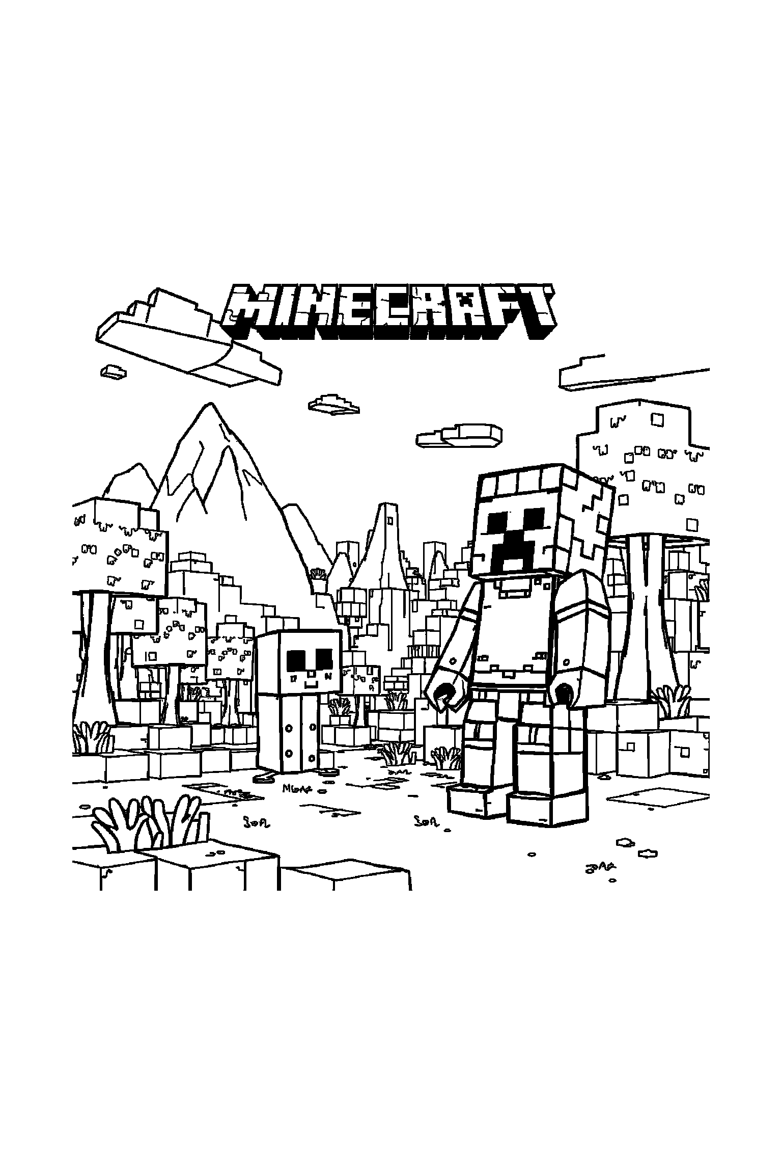 Coloriage Minecraft gratuit à imprimer - un aventurier en blocs avec une torche, nuages cubiques et arrière-plan complet Coloriage Minecraft gratuit à imprimer : un aventurier en blocs avec une torche, nuages cubiques et arrière-plan complet