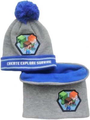 Minecraft bonnet et écharpe bleus Creeper, Steve & Alex, 1 mois