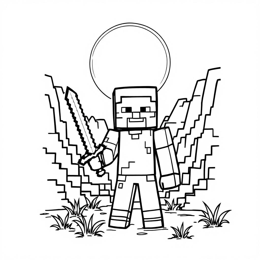 Coloriage Minecraft gratuit à imprimer : Héros Minecraft avec épée et ailes