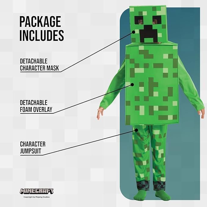 Costume enfant Creeper Minecraft avec coiffe, taille unique – Image 5