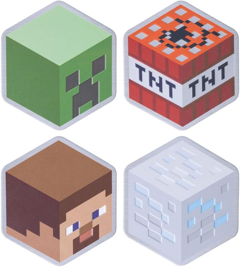 Set de 4 sous-verres Minecraft en métal à dos en liège avec Steve, Creeper, minerai de diamant et bloc TNT