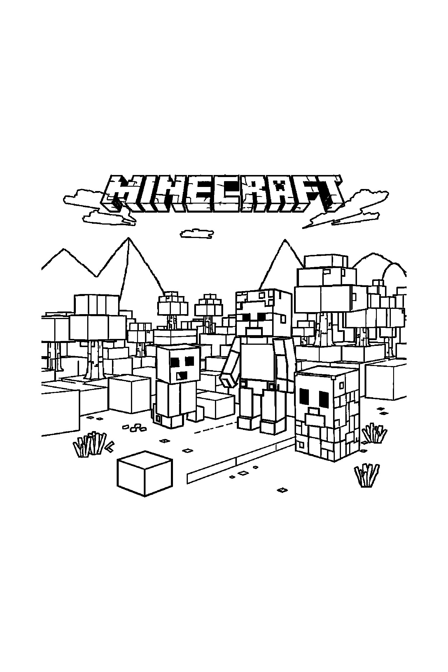 Coloriage Minecraft gratuit à imprimer - Steve avec décor détaillé de une maison en blocs Coloriage Minecraft gratuit à imprimer : Steve avec décor détaillé de une maison en blocs