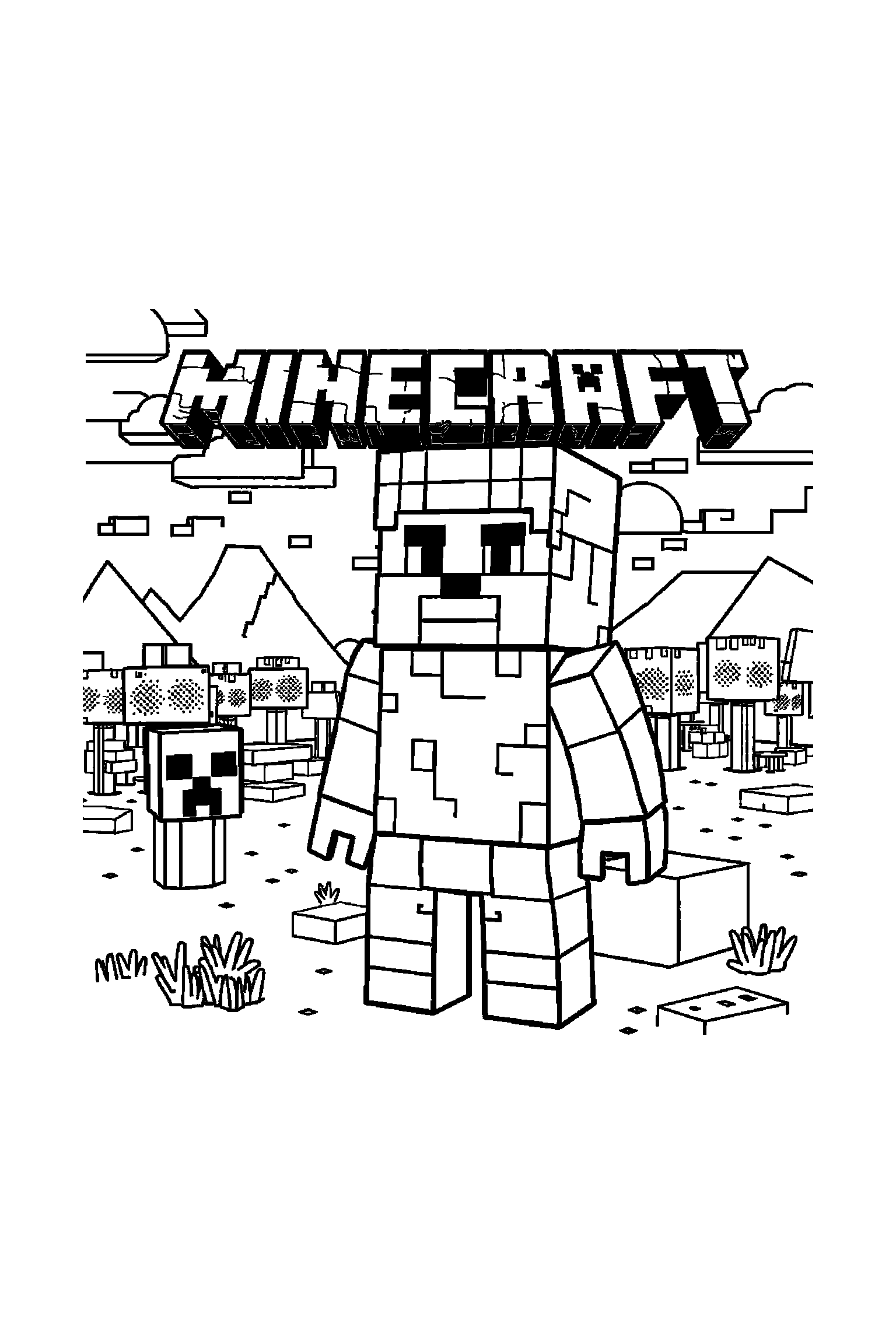 Coloriage Minecraft gratuit à imprimer - un Creeper dans une scène verticale avec une épée Coloriage Minecraft gratuit à imprimer : un Creeper dans une scène verticale avec une épée