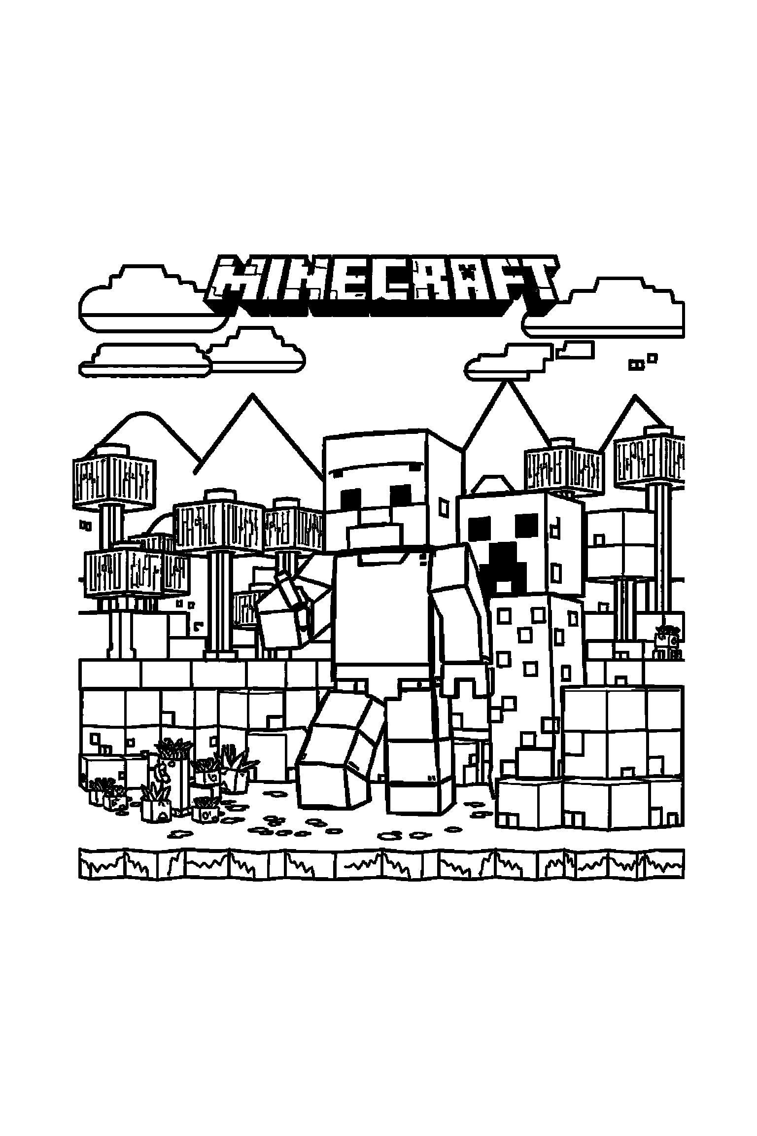 Coloriage Minecraft gratuit à imprimer - les aventuriers Minecraft avec arrière-plan complet à colorier Coloriage Minecraft gratuit à imprimer : les aventuriers Minecraft avec arrière-plan complet à colorier
