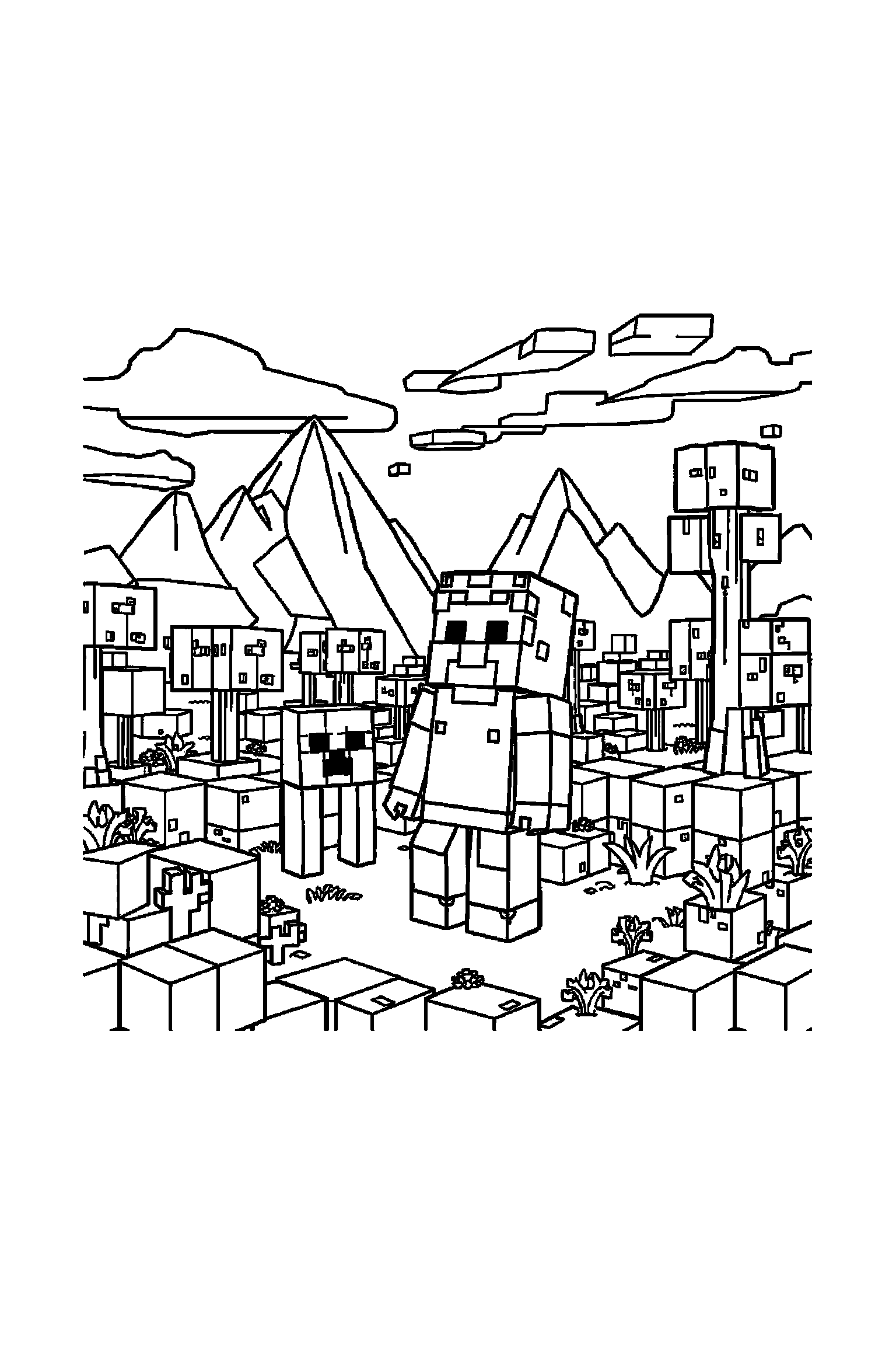 Coloriage Minecraft gratuit à imprimer - un aventurier en blocs entouré de nuages cubiques et petits détails Coloriage Minecraft gratuit à imprimer : un aventurier en blocs entouré de nuages cubiques et petits détails