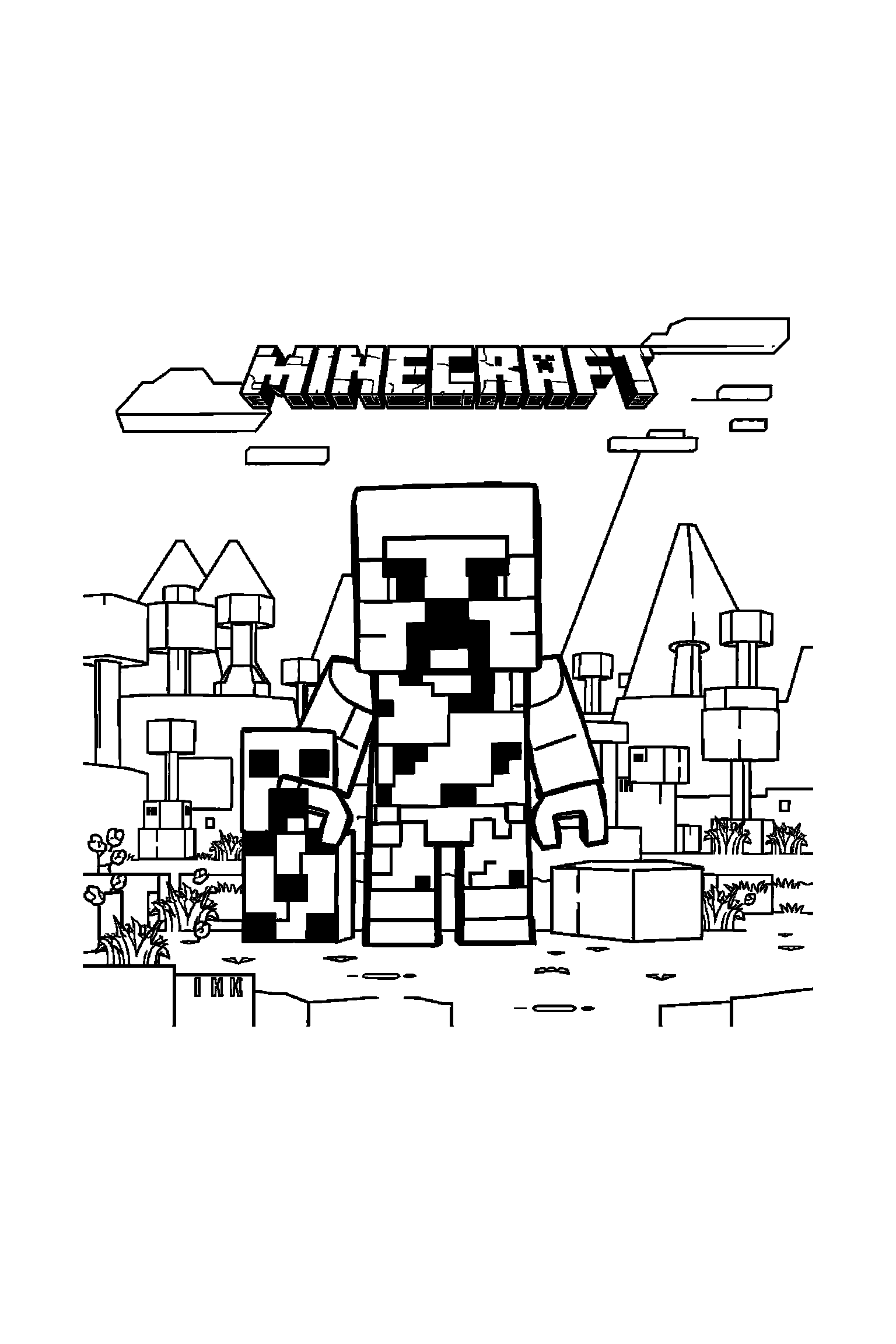 Coloriage Minecraft gratuit à imprimer - scène verticale détaillée avec un cochon cubique et un coffre Coloriage Minecraft gratuit à imprimer : scène verticale détaillée avec un cochon cubique et un coffre
