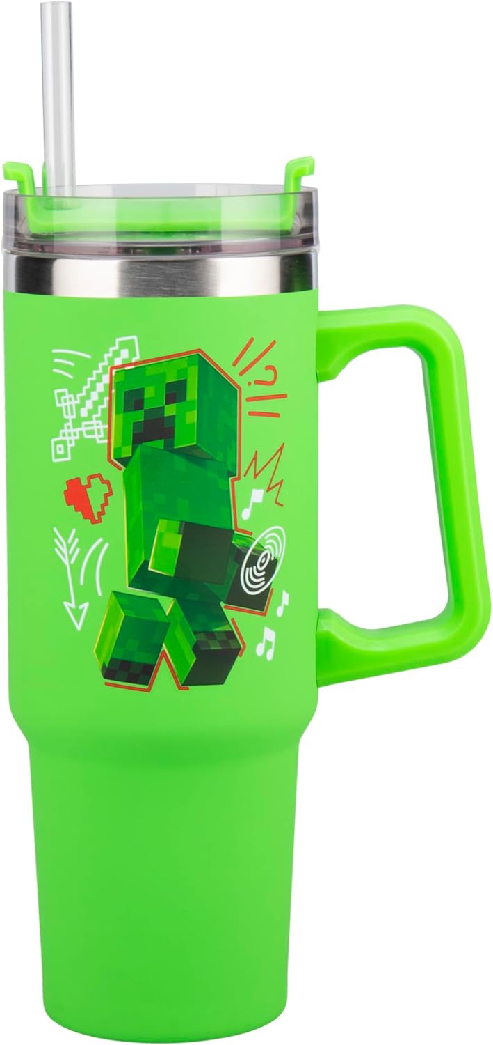Gobelet isotherme Minecraft Steve & Creeper vert 900 avec paille et poignée – Image 3
