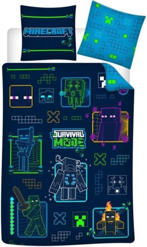 Parure enfant Minecraft Neon réversible avec housse 140 x 200 et taie 63 x 63