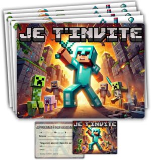 Cartes d'invitation Minecraft Chevalier avec enveloppes, lot de 10