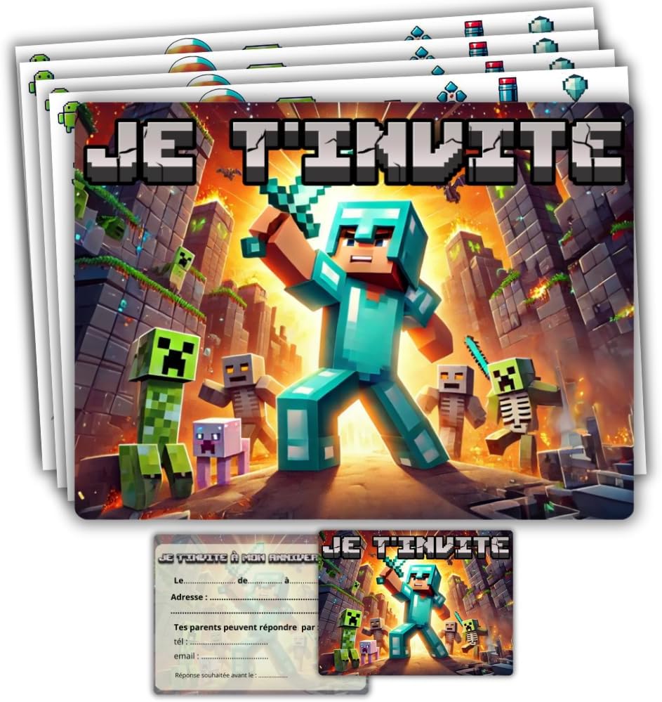 Cartes d'invitation Minecraft Chevalier avec enveloppes, lot de 10