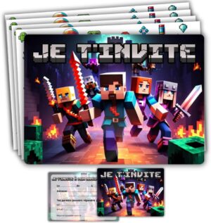 Cartes d'invitation Minecraft préremplies avec enveloppes, lot de 10