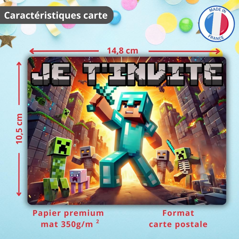 Cartes d'invitation Minecraft Chevalier avec enveloppes, lot de 10 – Image 3
