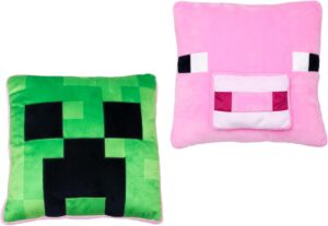 Coussin carré Minecraft réversible Cochon 3D et Creeper 35 cm