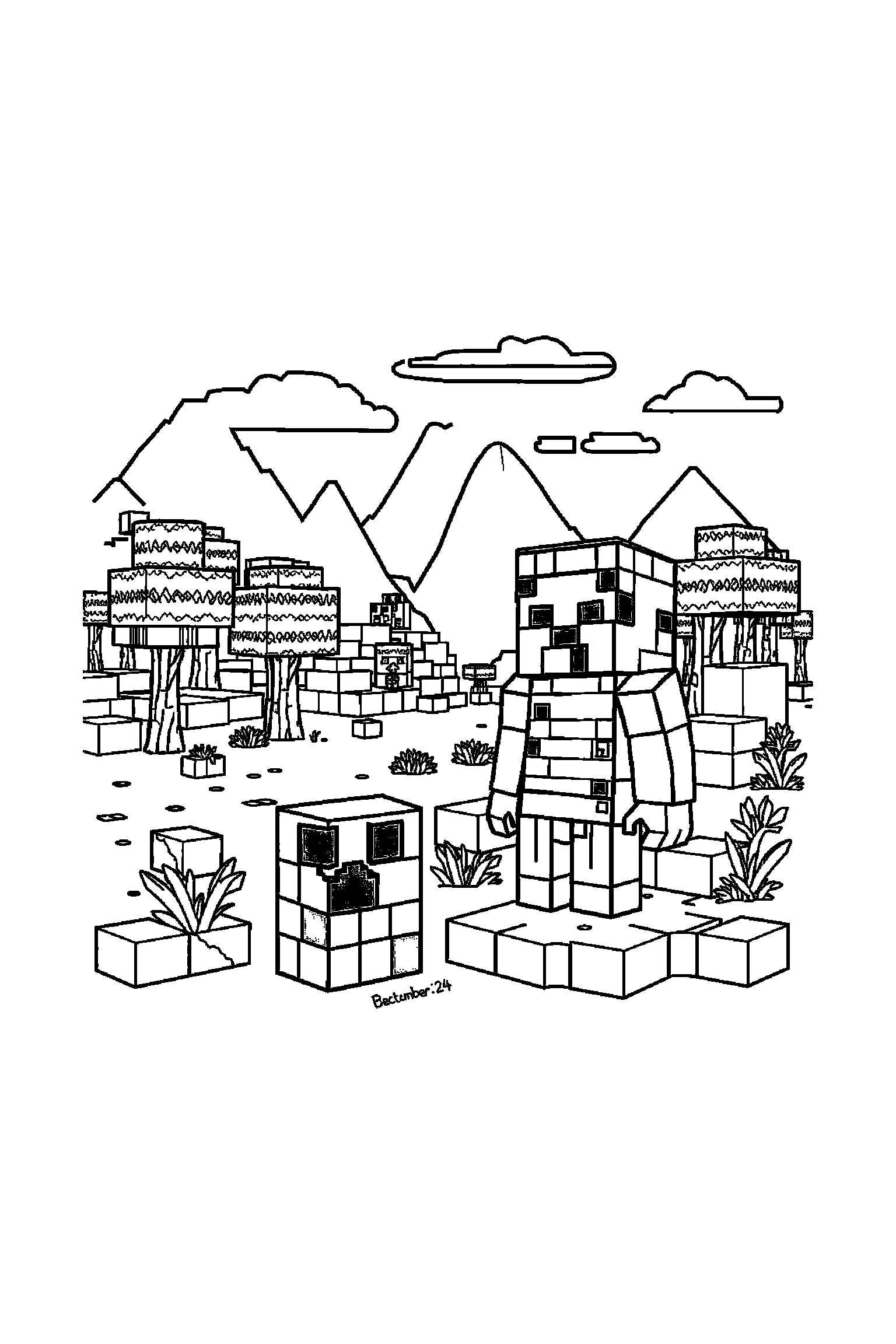 Coloriage Minecraft gratuit à imprimer - grand coloriage détaillé de un aventurier en blocs avec nuages cubiques Coloriage Minecraft gratuit à imprimer : grand coloriage détaillé de un aventurier en blocs avec nuages cubiques
