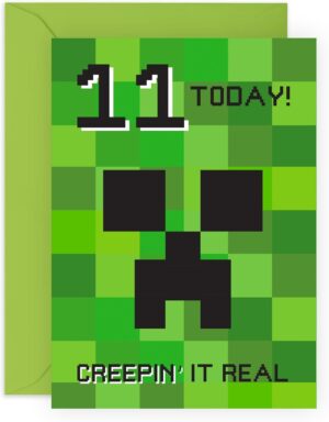 Carte d’anniversaire Minecraft 11 ans Creeper avec autocollants