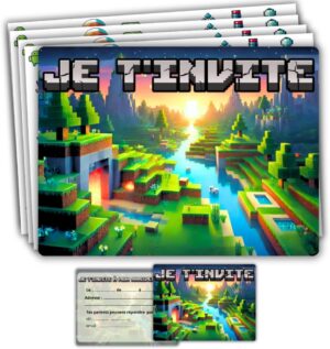 Cartes d’invitation Minecraft préremplies en français, lot de 10 avec enveloppes