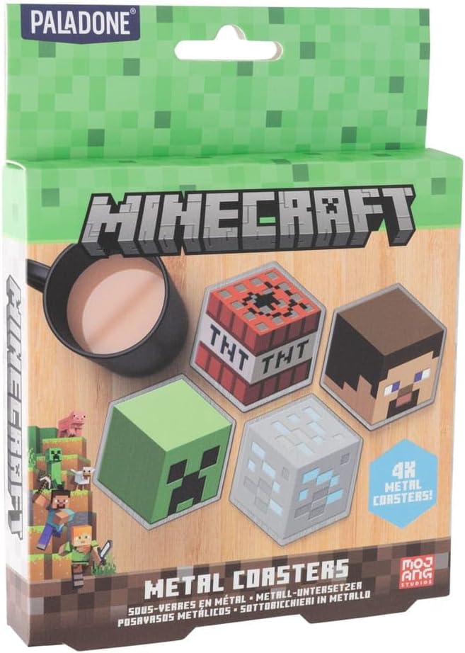 Set de 4 sous-verres Minecraft en métal à dos en liège avec Steve, Creeper, minerai de diamant et bloc TNT – Image 3