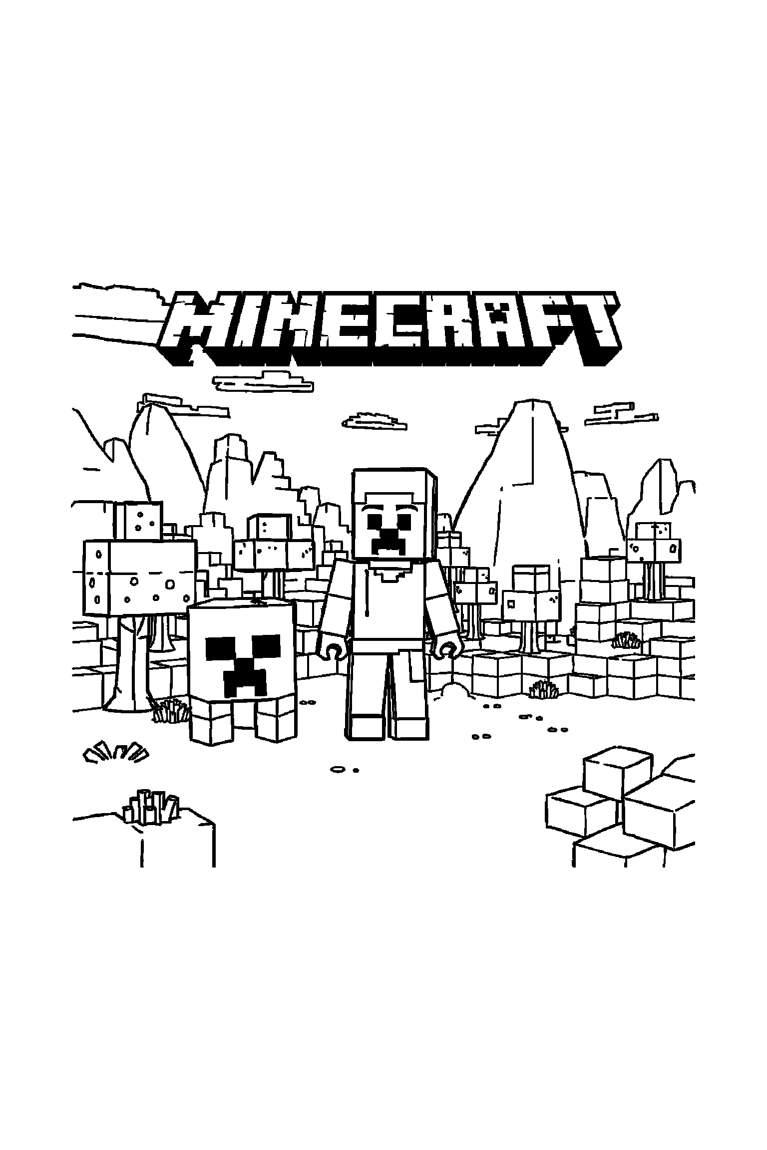 Coloriage Minecraft gratuit à imprimer - scène verticale détaillée avec un cochon cubique et un coffre Coloriage Minecraft gratuit à imprimer : scène verticale détaillée avec un cochon cubique et un coffre