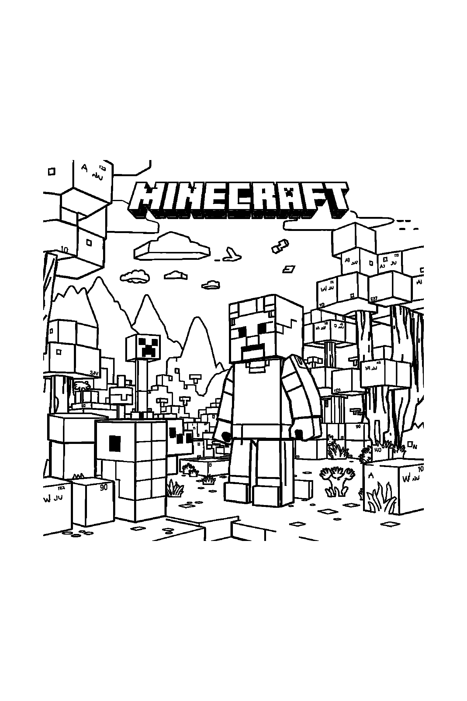 Coloriage Minecraft gratuit à imprimer - grand coloriage détaillé de un aventurier en blocs avec nuages cubiques Coloriage Minecraft gratuit à imprimer : grand coloriage détaillé de un aventurier en blocs avec nuages cubiques