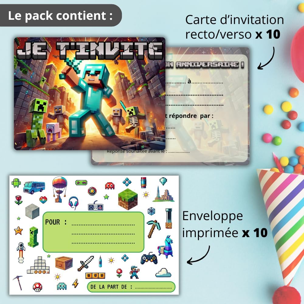 Cartes d'invitation Minecraft Chevalier avec enveloppes, lot de 10 – Image 2