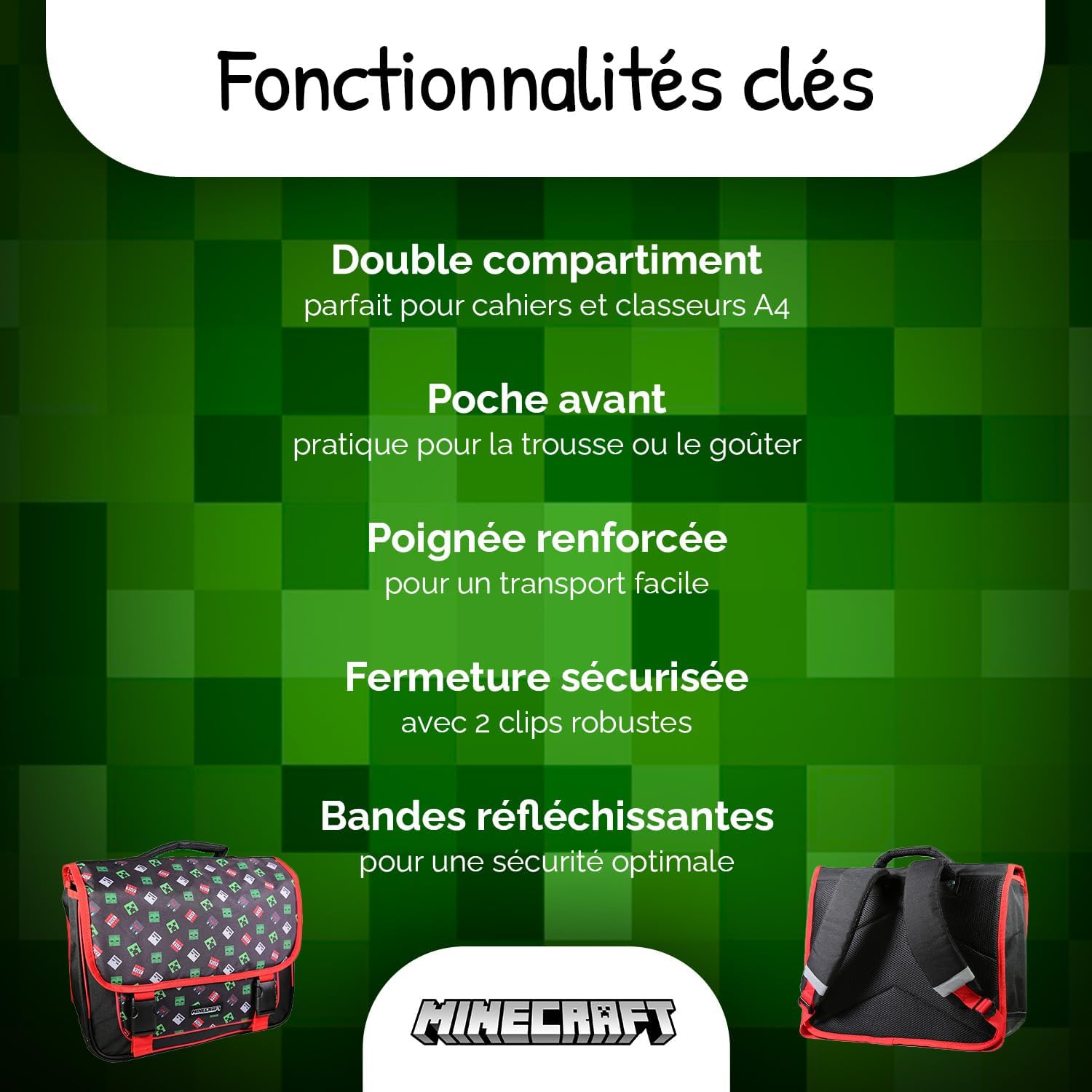 Cartable primaire Minecraft 38 cm grand rangement noir et rouge – Image 2