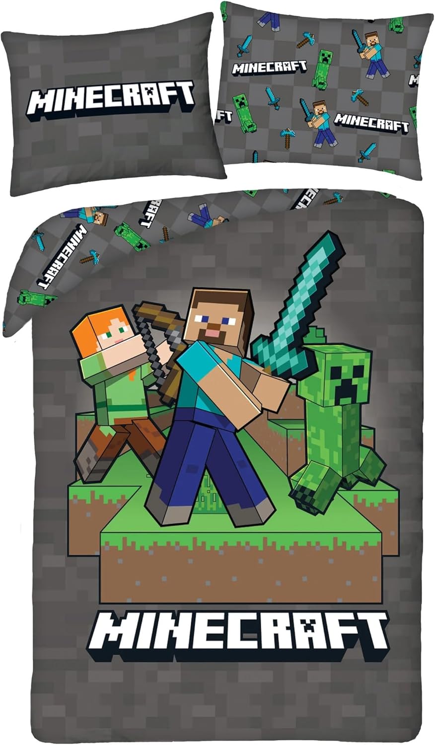 Parure de lit Minecraft réversible Steve Alex Creeper 140 x 200 cm