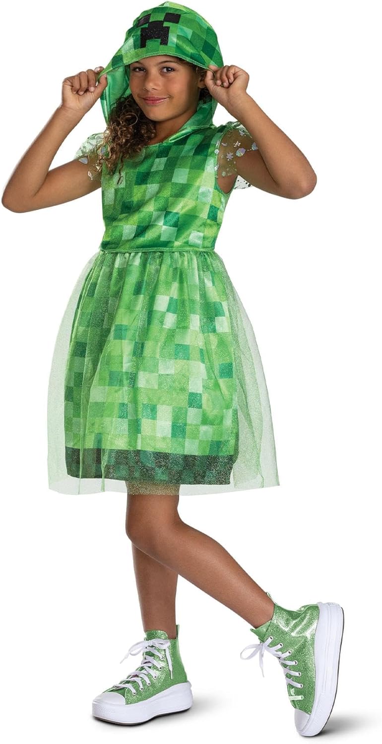 Costume enfant Minecraft Creeper avec robe verte à capuche, taille S pour 4 à 6 ans