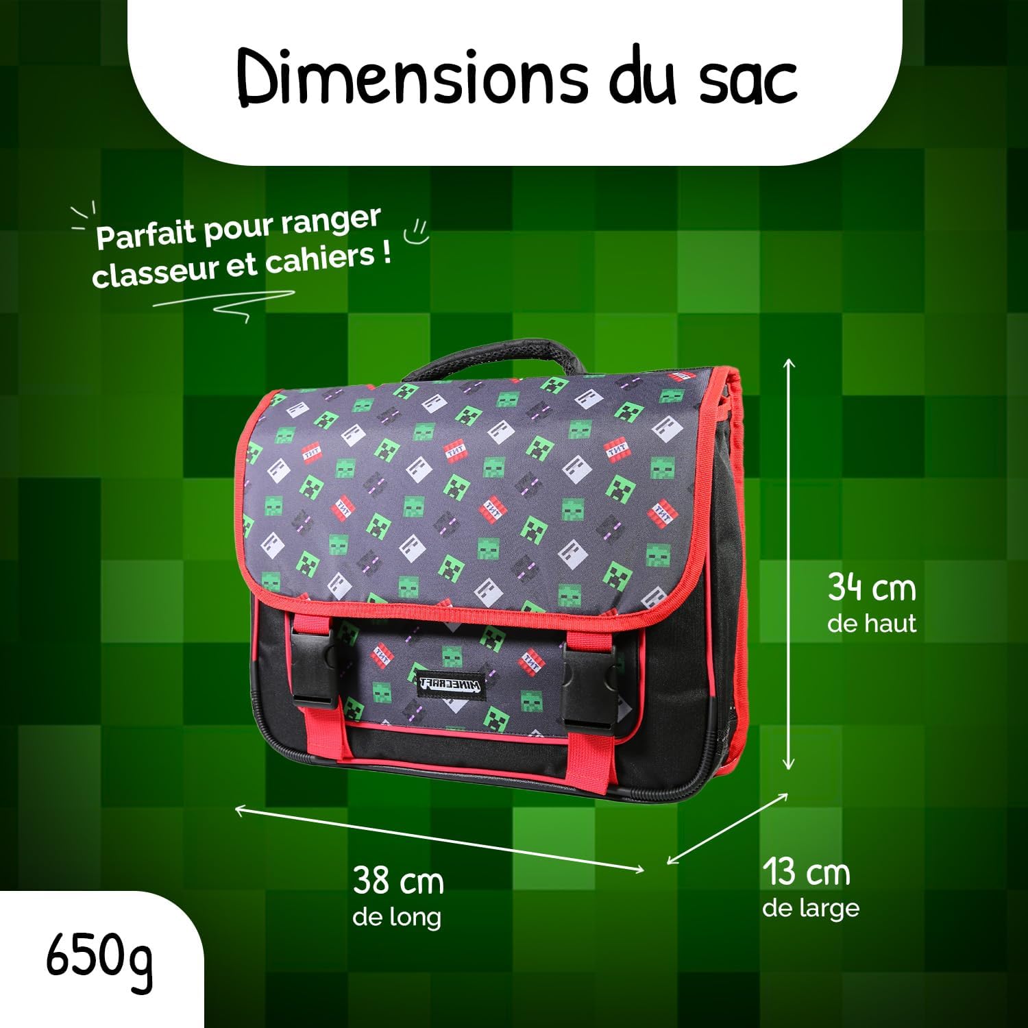 Cartable primaire Minecraft 38 cm grand rangement noir et rouge – Image 3
