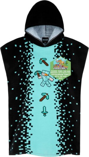 Poncho de bain à capuche Minecraft Creeper pour enfant et ado noir/bleu