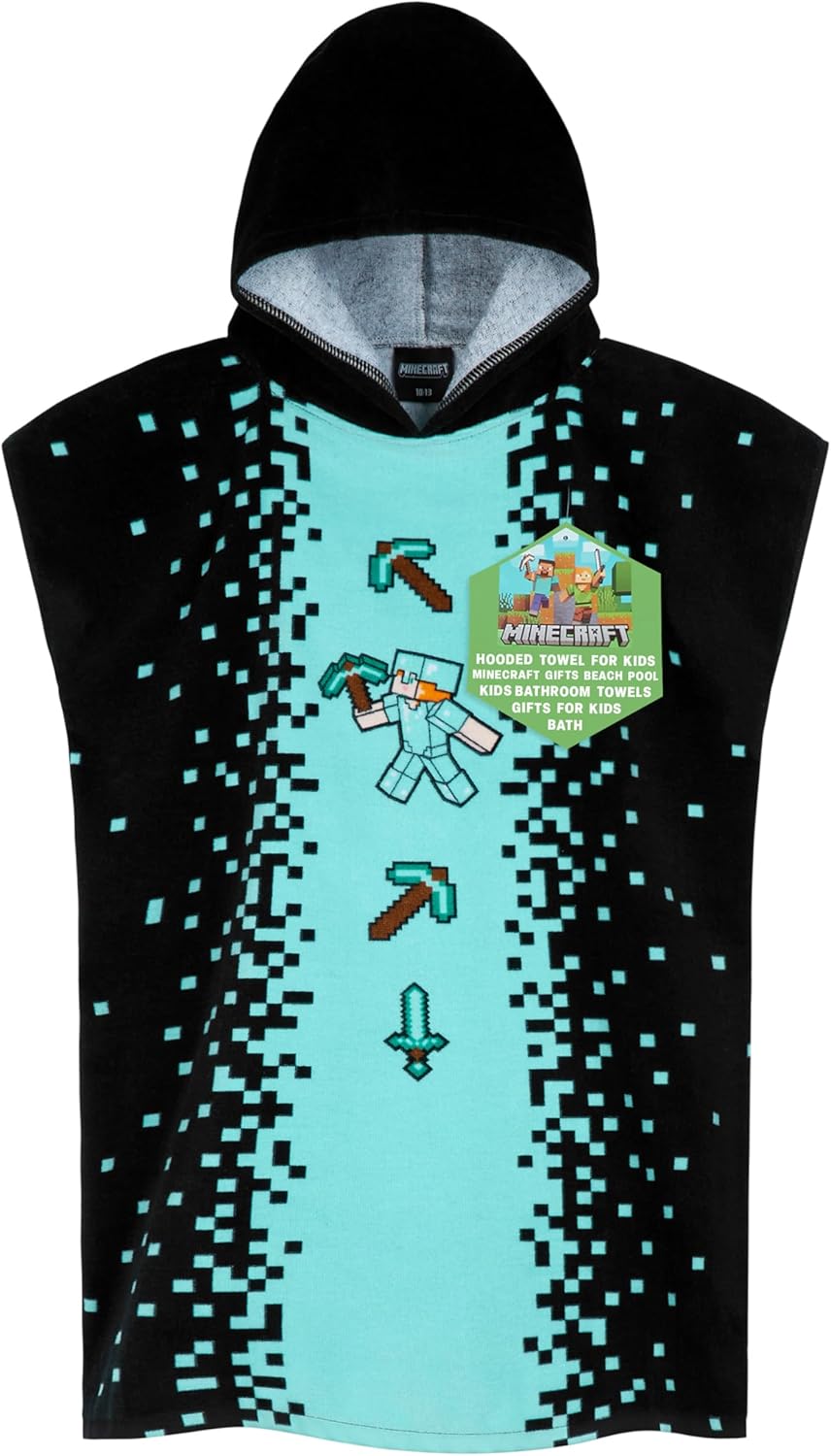 Poncho de bain à capuche Minecraft Creeper pour enfant et ado noir/bleu