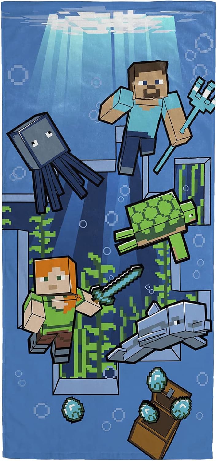Serviette de plage Minecraft Aventure sous-Marine 71 x 147 en 100% coton