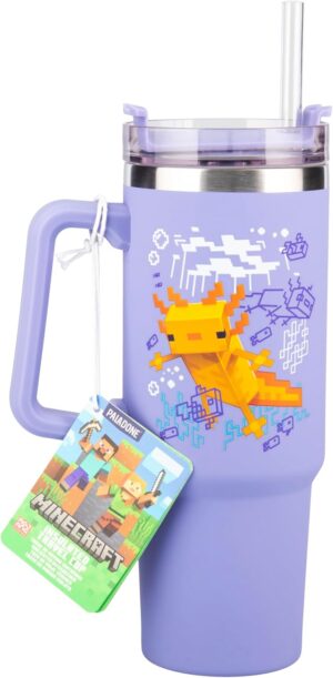 Gobelet isotherme Minecraft Axolotl violet avec paille et poignée 900 ml