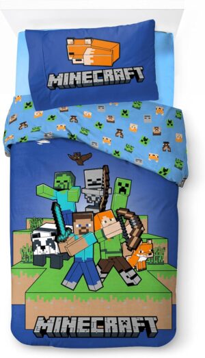 Parure de lit Minecraft Ready to Survive en 100% coton bleu