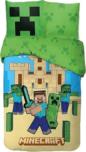 Parure de lit Minecraft réversible 140 x 200 cm avec taie 63 x 63 cm