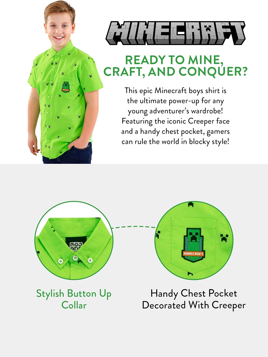 Chemise garçon Minecraft verte avec poche Creeper – Image 6