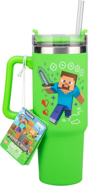 Gobelet isotherme Minecraft Steve & Creeper vert 900 avec paille et poignée
