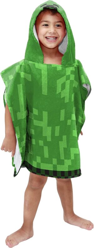 Poncho à capuche Minecraft Creeper 56 x 56 cm en 100 % coton