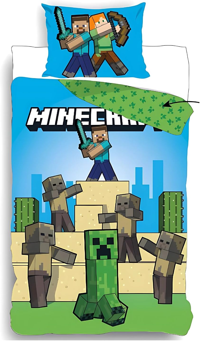 Parure Minecraft réversible avec housse de couette 140x200 cm et taie 65x65 cm
