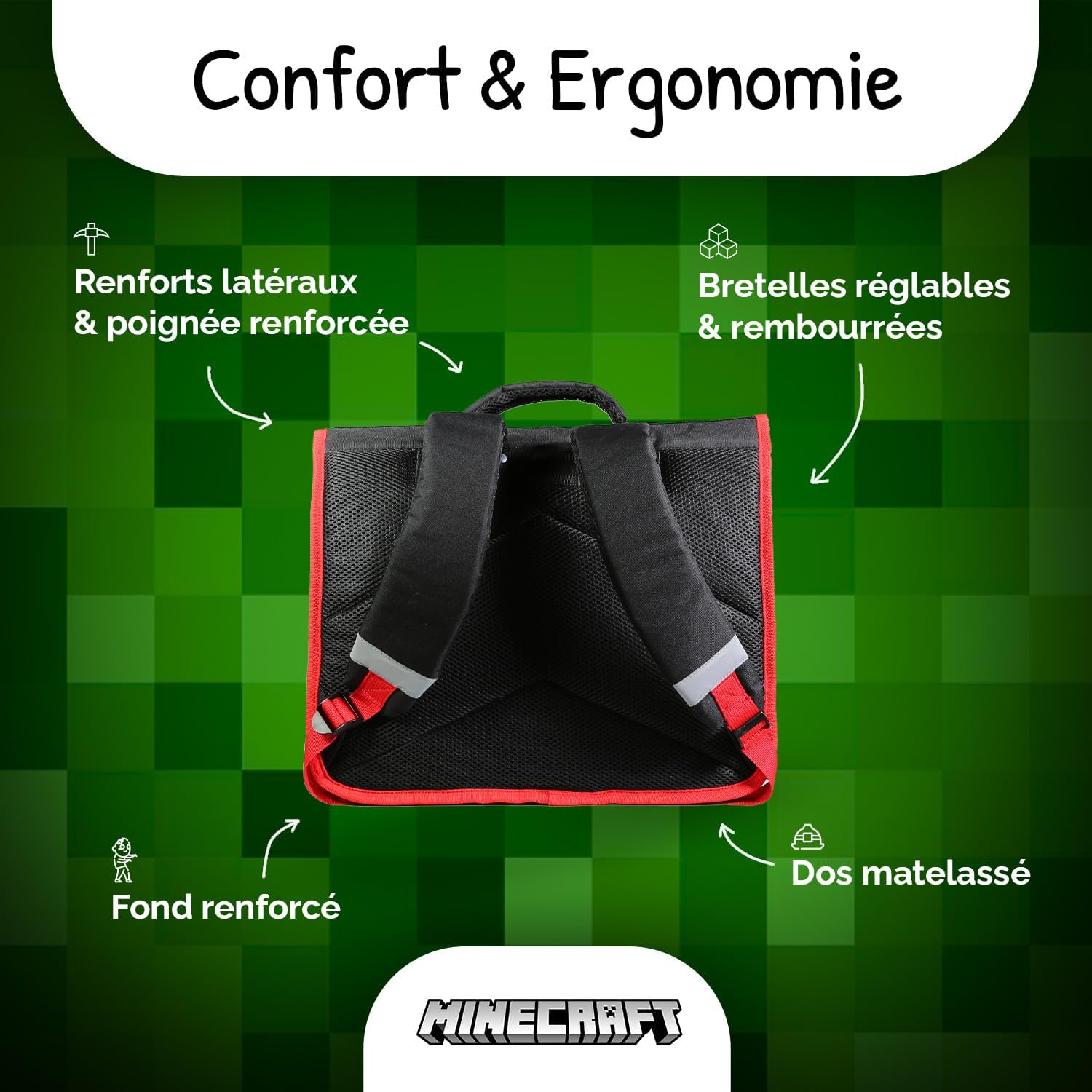 Cartable primaire Minecraft 38 cm grand rangement noir et rouge – Image 4